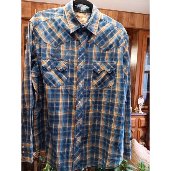 Vintage Wrangler button front shirt pearl snaps size XL blue plaid - Picture 1 of 5